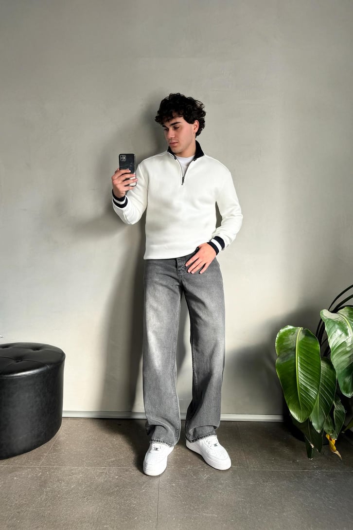 Dik Yaka Fermuarlı Oversize Sweatshirt