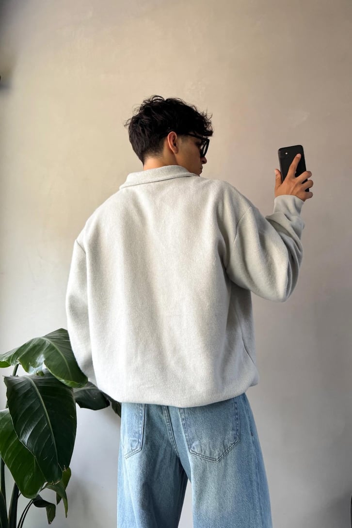 Dik Yaka Halt Zip Şardonlu Kumaş Sweatshirt