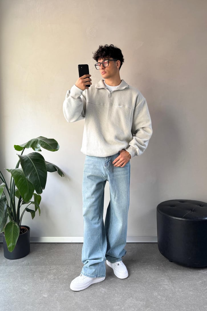 Dik Yaka Halt Zip Şardonlu Kumaş Sweatshirt