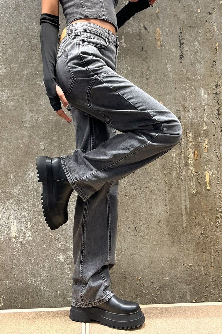 Dikiş Detay Antrasit Baggy Jean