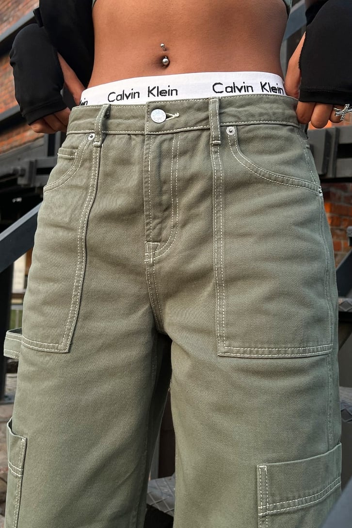 Dikiş Detay Cepli Haki Baggy Jean