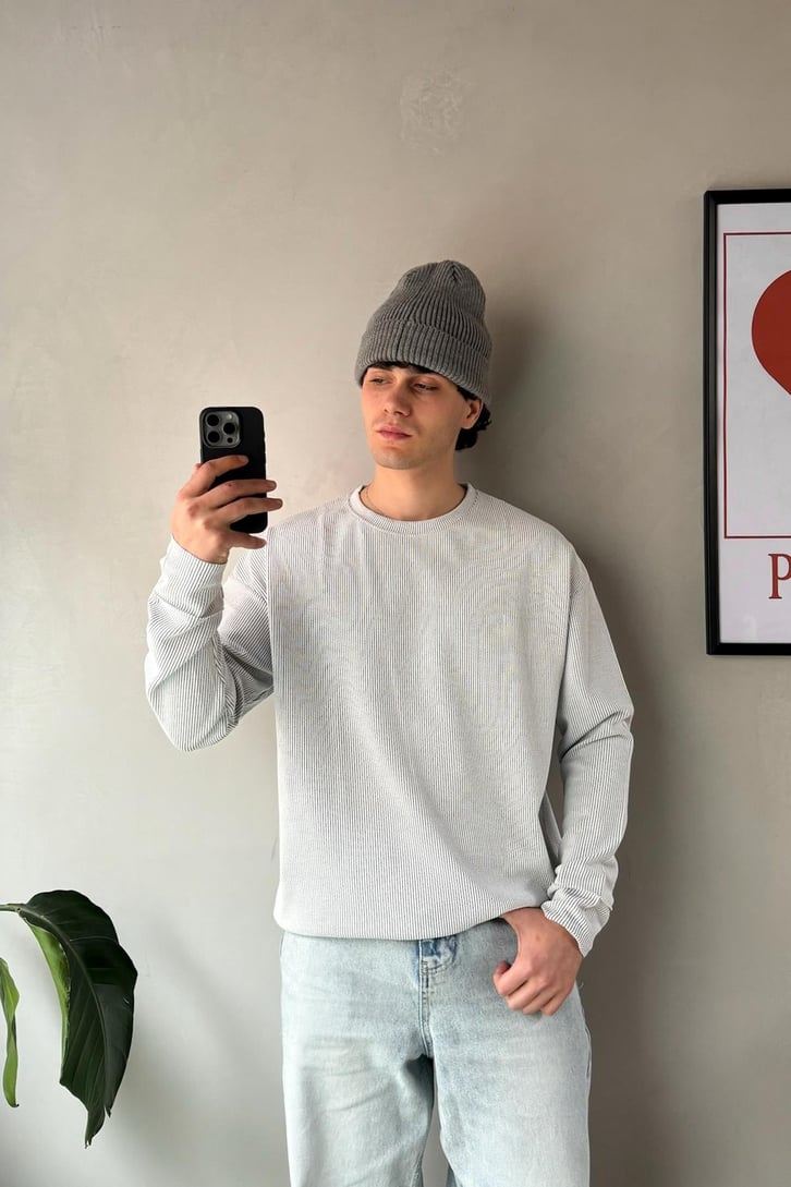 Dikiş Detay Çizgili Bisiklet Yaka Sweatshirt