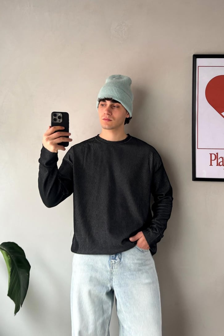 Dikiş Detay Çizgili Bisiklet Yaka Sweatshirt