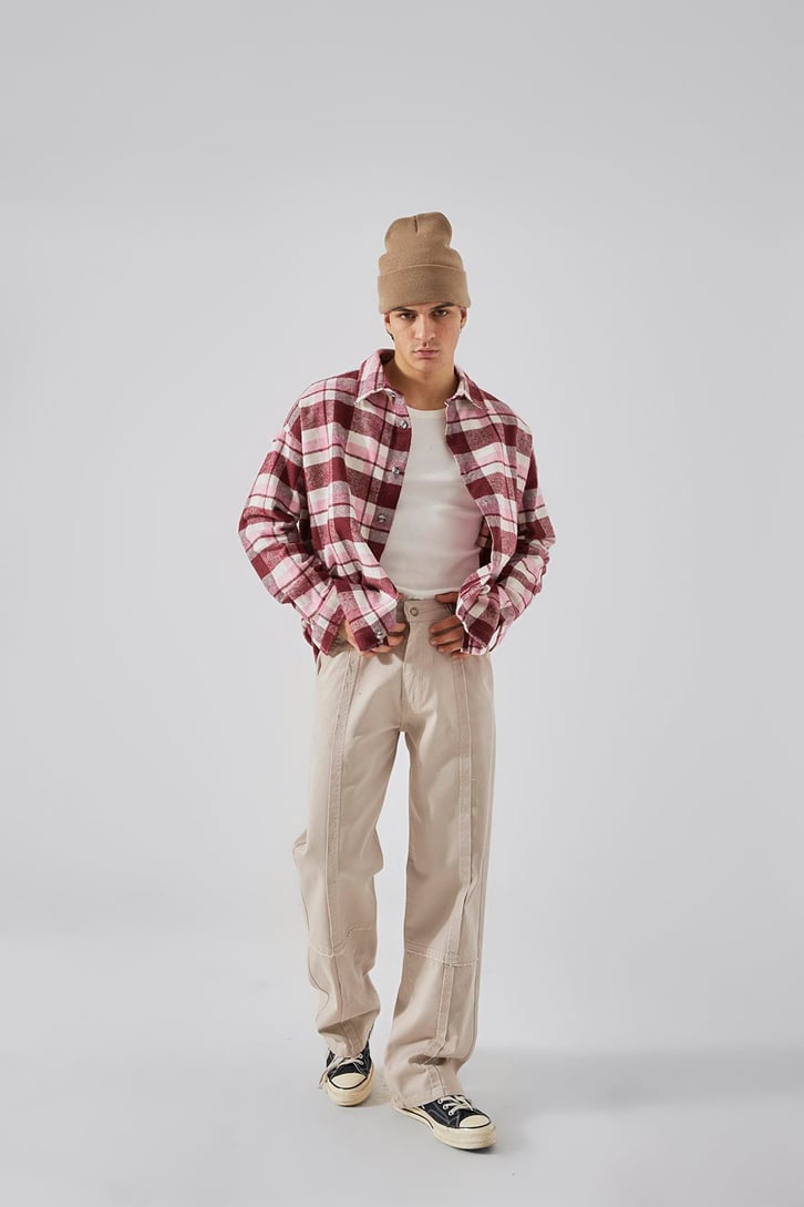 Dikiş Detaylı Bej Baggy Jean