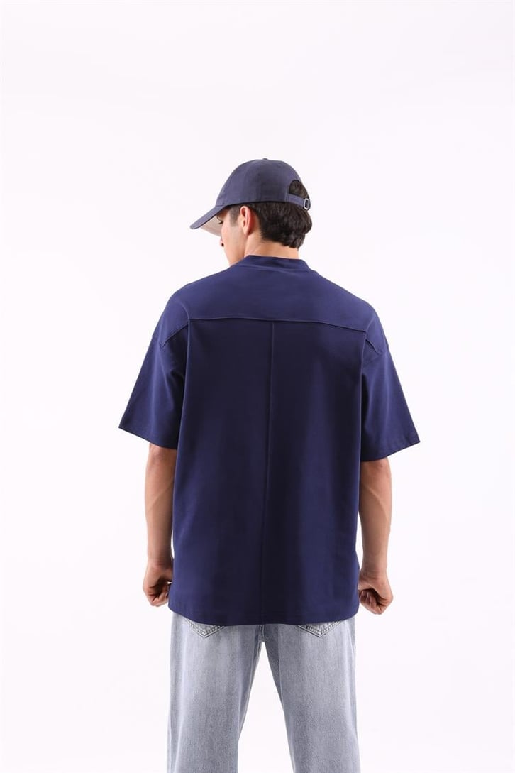 Dikiş Detaylı Lacivert Oversize Tişört