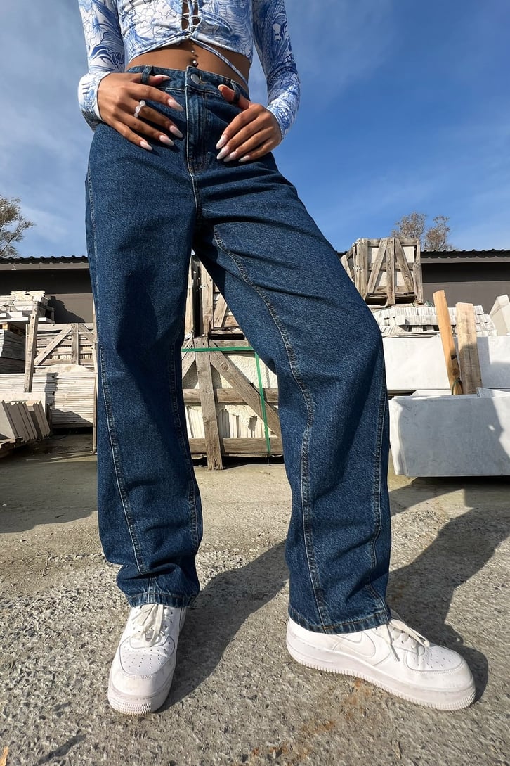 Dikiş Detaylı Mavi Baggy Jean