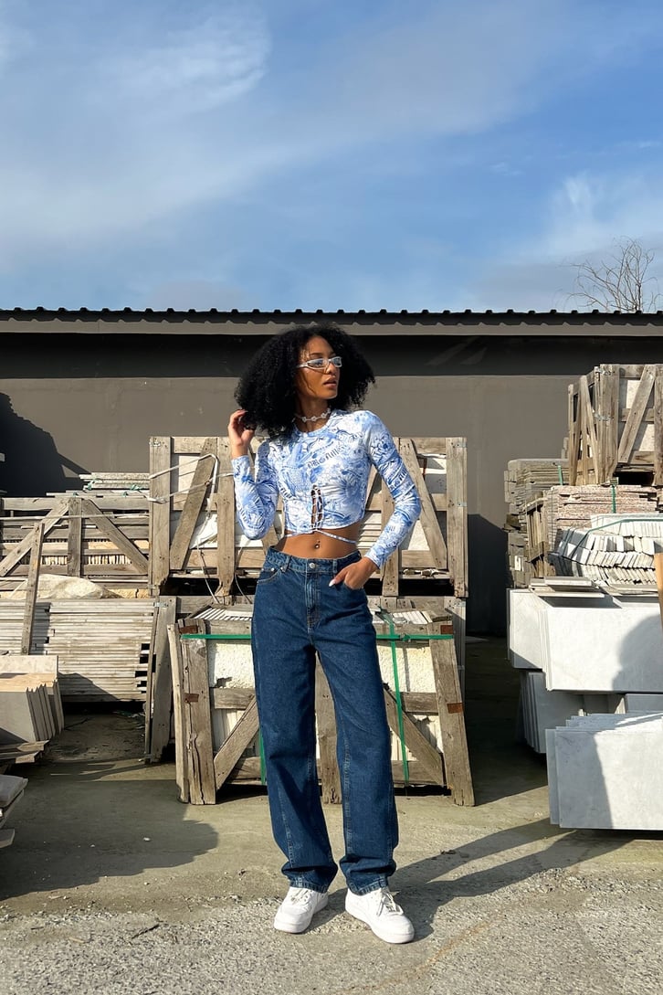 Dikiş Detaylı Mavi Baggy Jean
