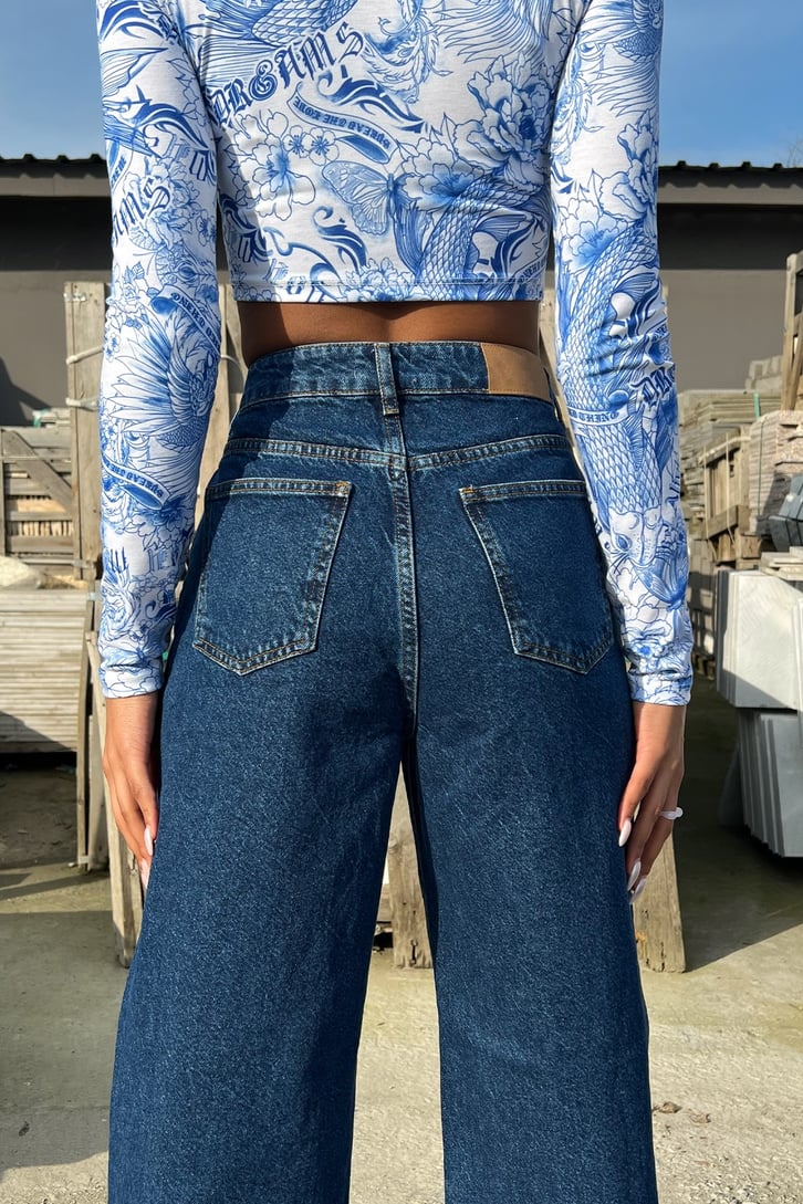 Dikiş Detaylı Mavi Baggy Jean