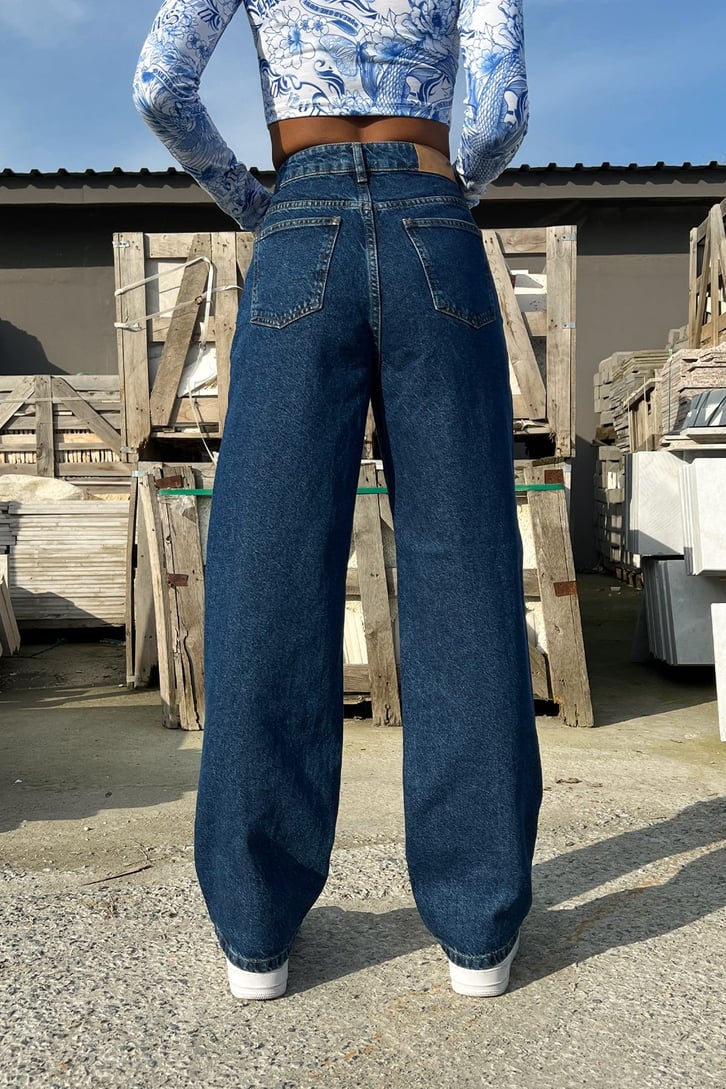 Dikiş Detaylı Mavi Baggy Jean
