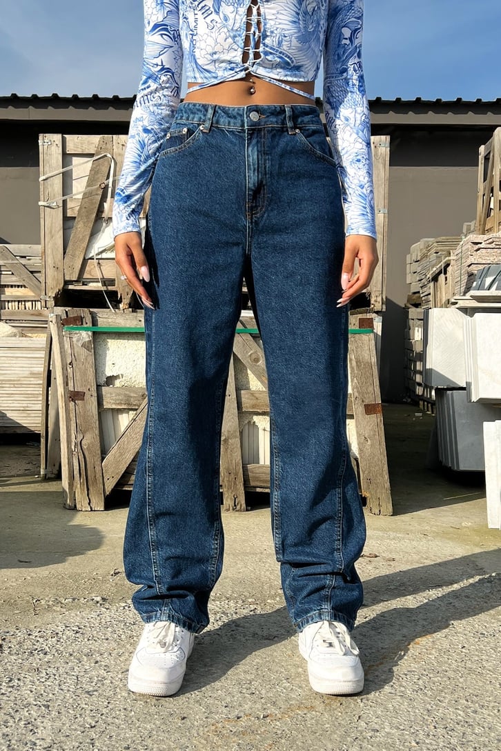 Dikiş Detaylı Mavi Baggy Jean