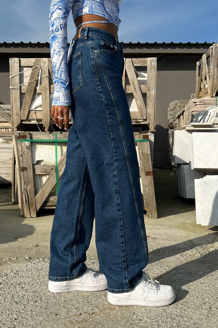 Dikiş Detaylı Mavi Baggy Jean