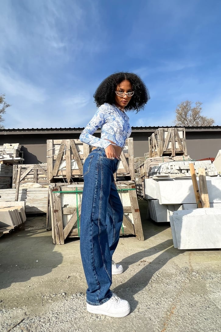 Dikiş Detaylı Mavi Baggy Jean