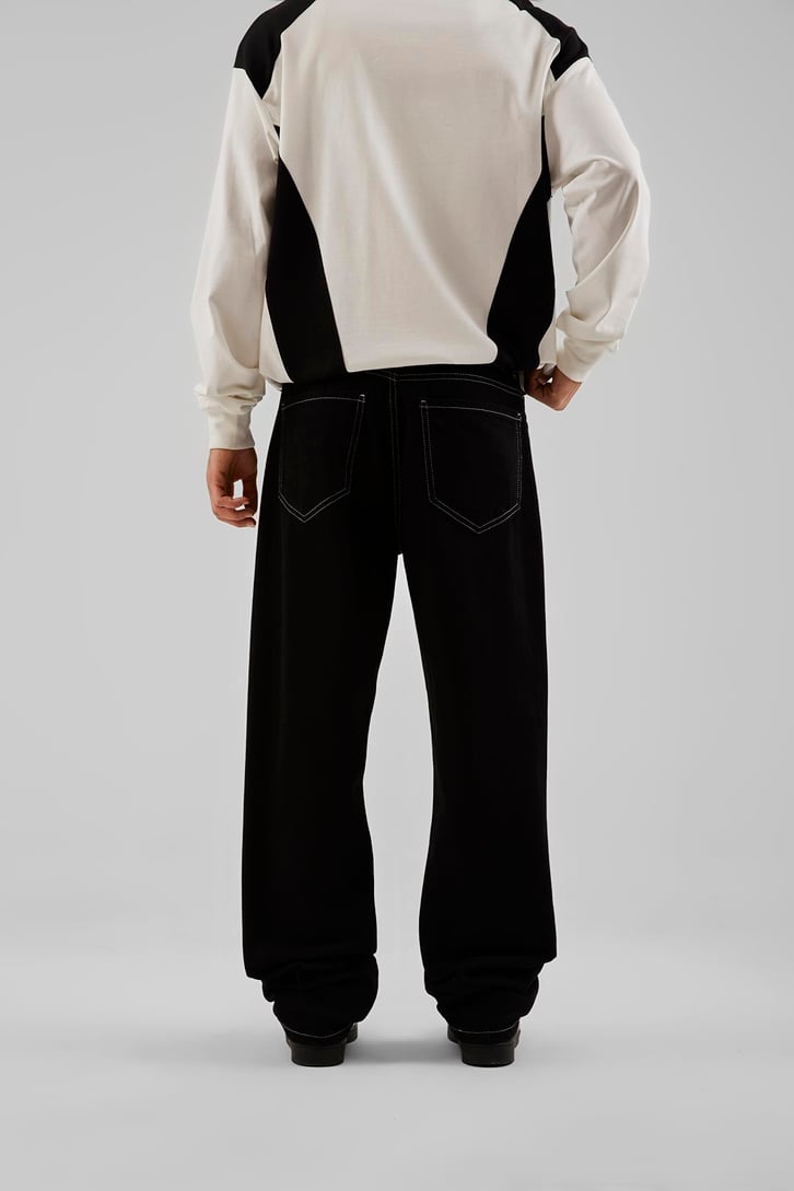 Dikiş Detaylı Siyah Baggy Pantolon