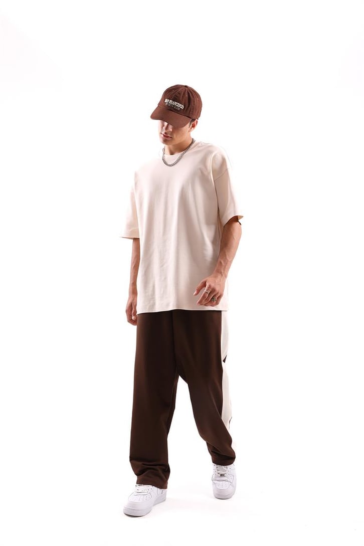 Dikiş Detaylı Taş Rengi Oversize Tişört