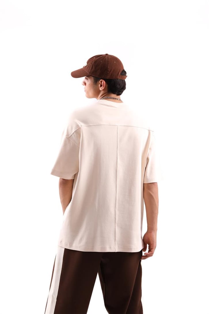 Dikiş Detaylı Taş Rengi Oversize Tişört