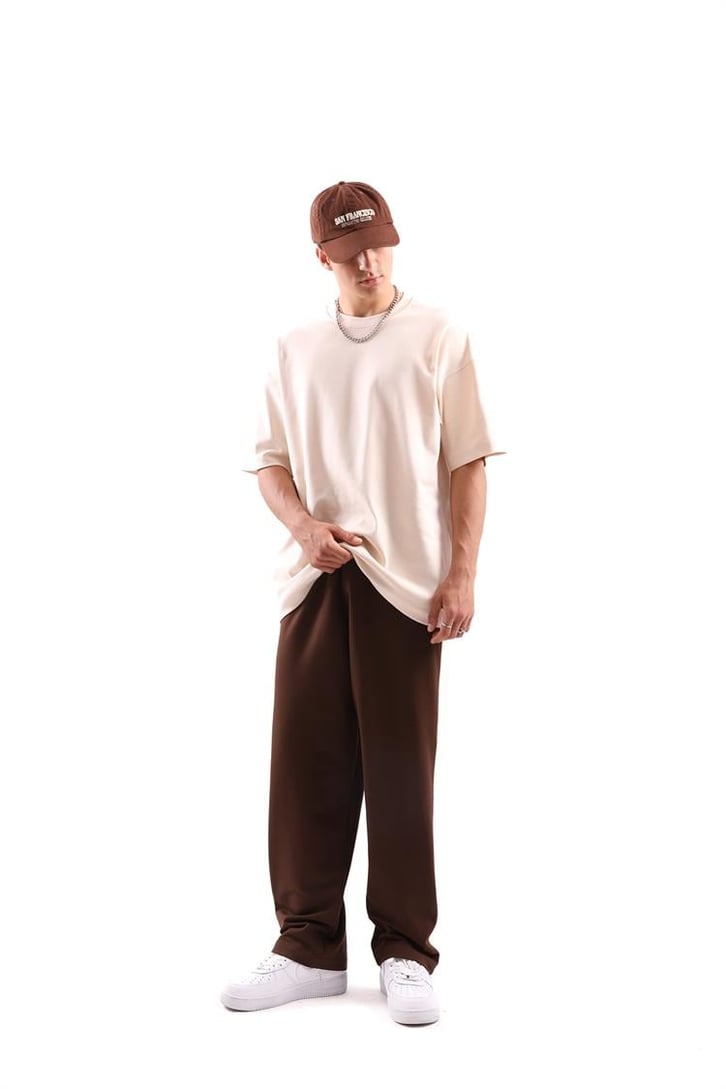 Dikiş Detaylı Taş Rengi Oversize Tişört