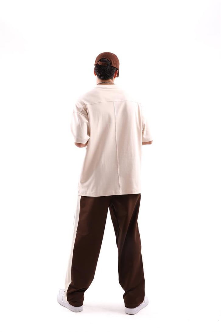 Dikiş Detaylı Taş Rengi Oversize Tişört