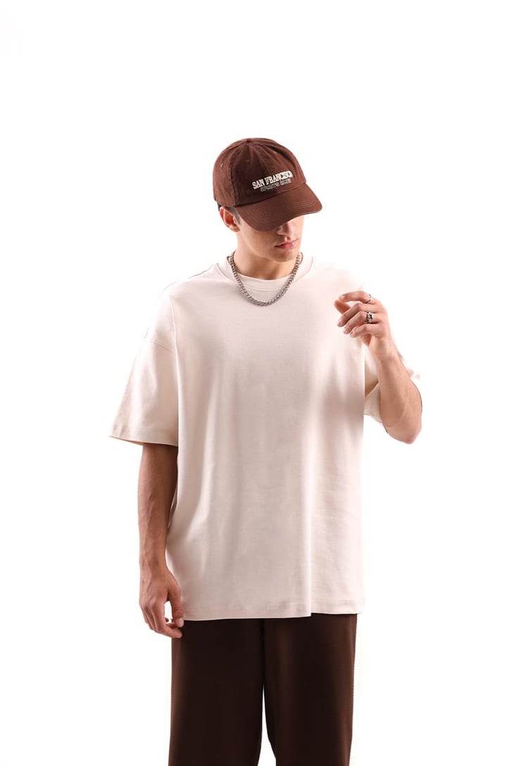 Dikiş Detaylı Taş Rengi Oversize Tişört