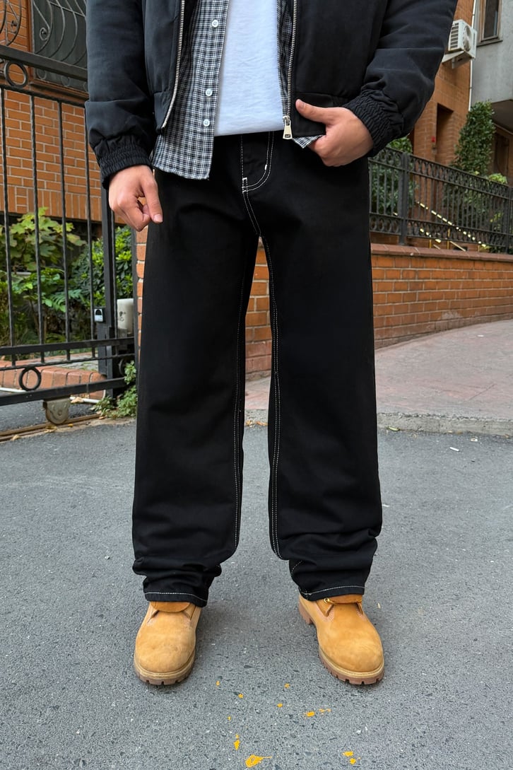 Dikiş Detaylı Yıkamalı Baggy Jean