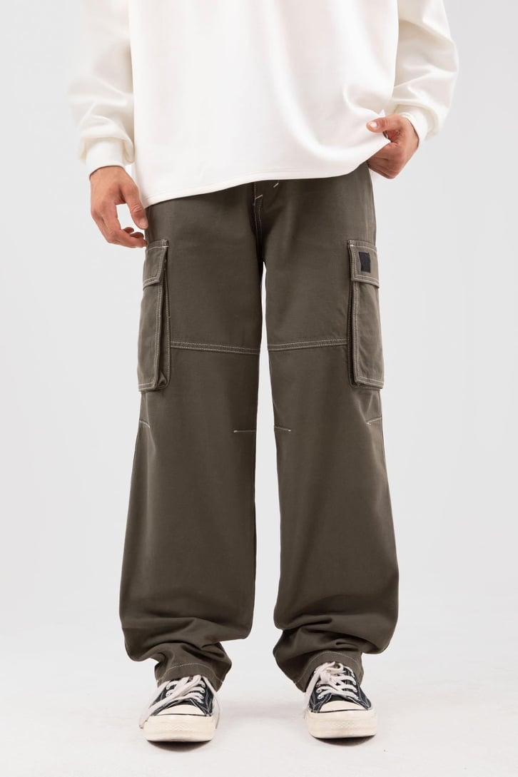 Dikiş İşlemeli Kargo Cepli Haki Baggy Pantolon