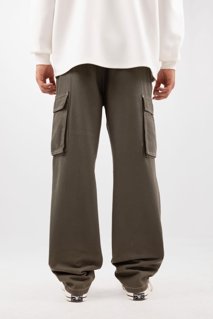 Dikiş İşlemeli Kargo Cepli Haki Baggy Pantolon
