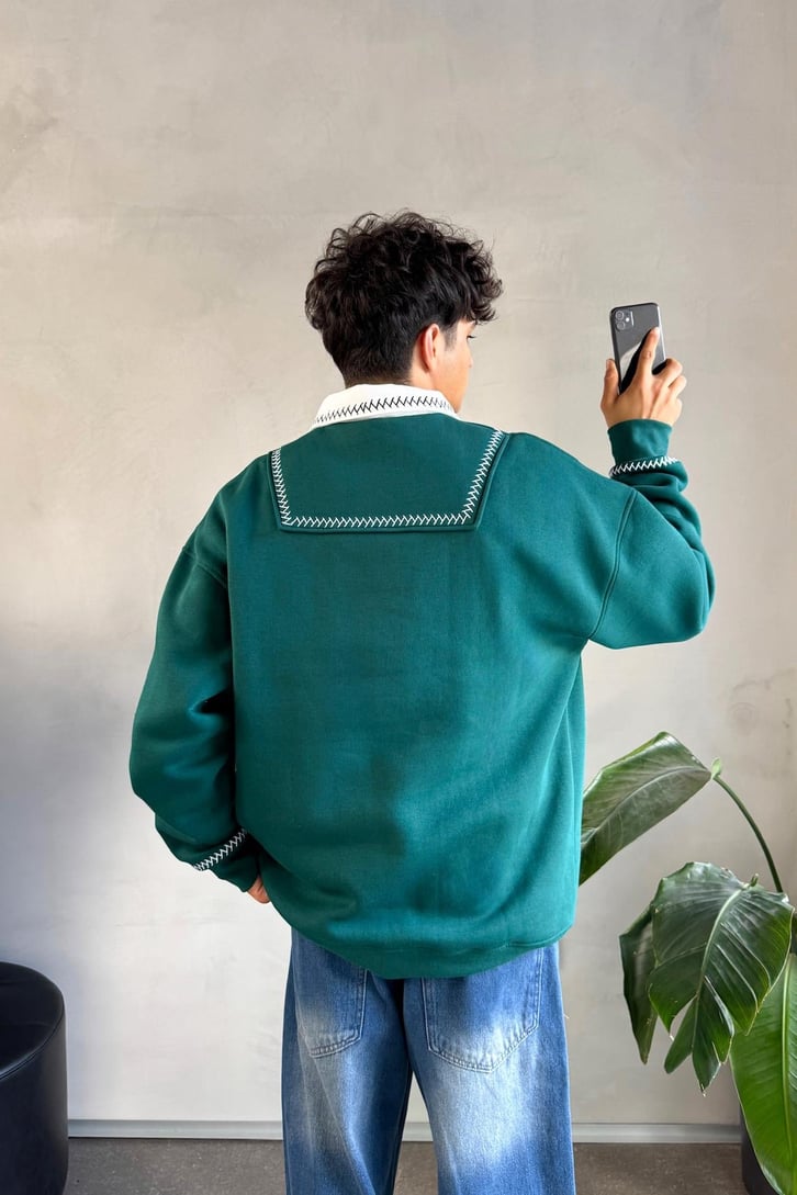 Dikişli Yaka Half Zip Oversize Sweatshirt