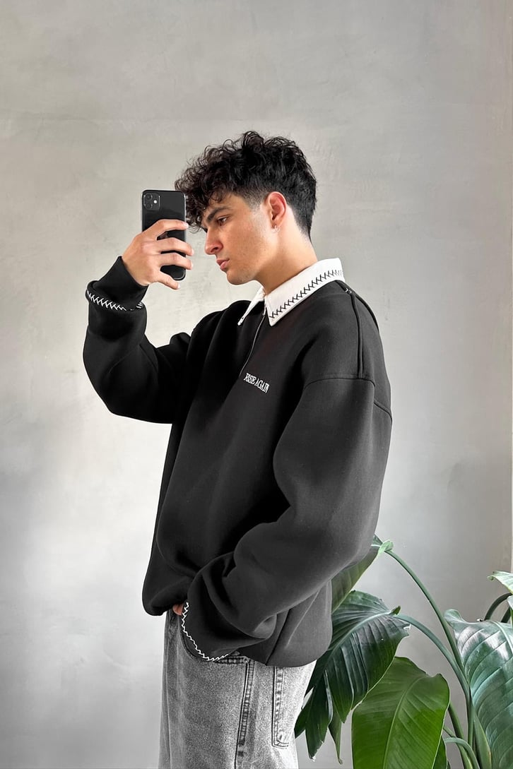 Dikişli Yaka Half Zip Oversize Sweatshirt