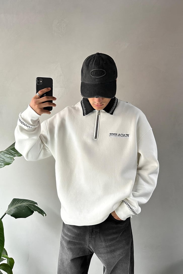 Dikişli Yaka Half Zip Oversize Sweatshirt