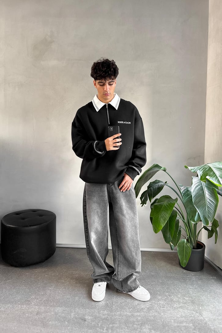 Dikişli Yaka Half Zip Oversize Sweatshirt
