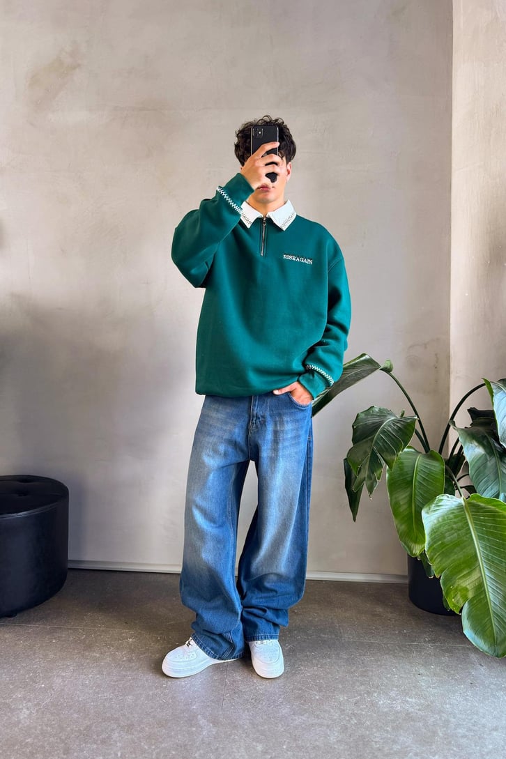 Dikişli Yaka Half Zip Oversize Sweatshirt