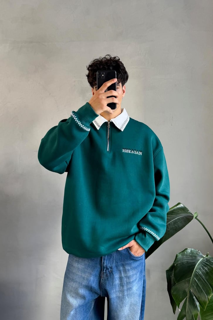 Dikişli Yaka Half Zip Oversize Sweatshirt