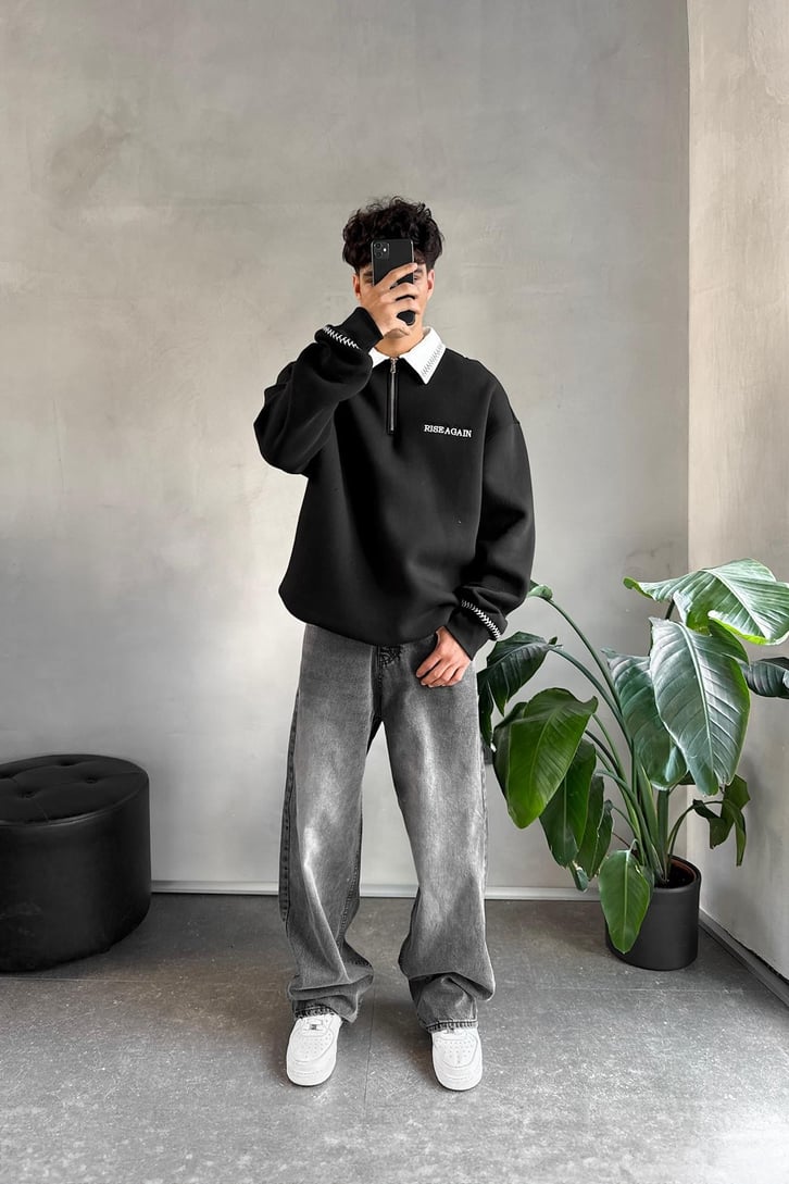 Dikişli Yaka Half Zip Oversize Sweatshirt