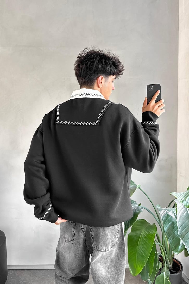 Dikişli Yaka Half Zip Oversize Sweatshirt