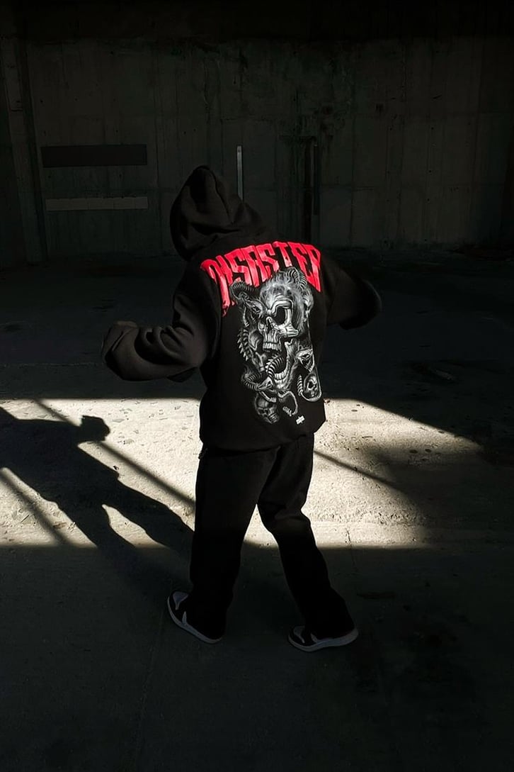 Disaster Sırt Baskılı Siyah Zipper Hoodie