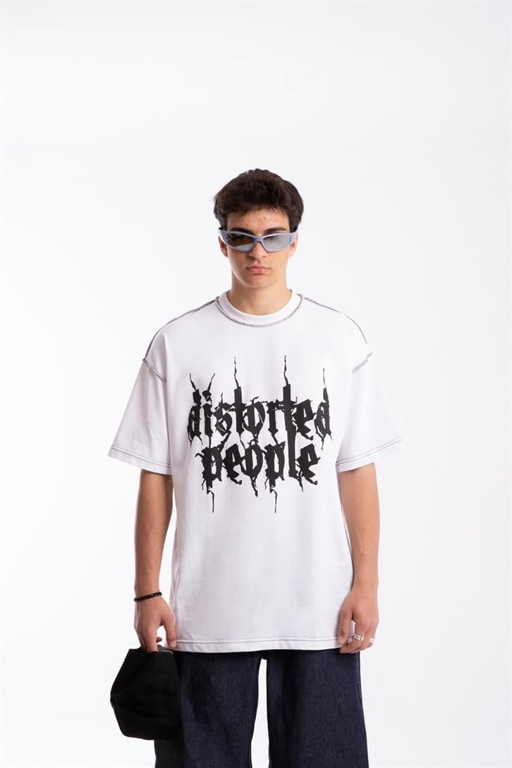Distorted People Baskılı Beyaz Oversize Tişört