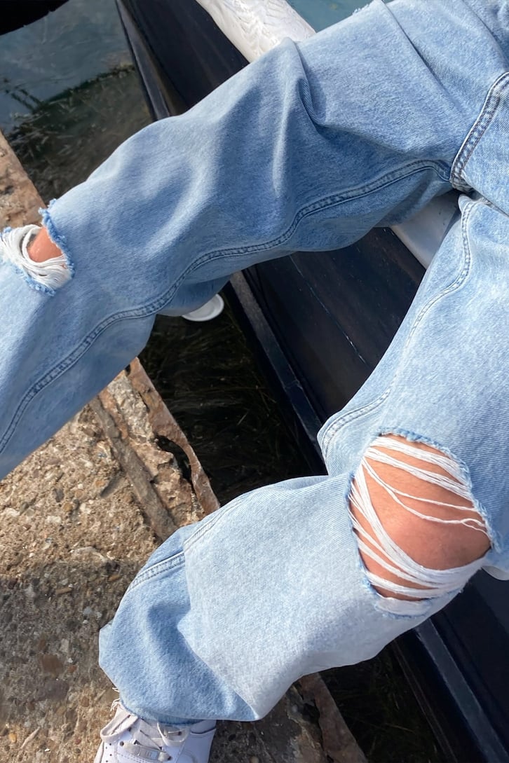 Distressed Buz Mavi Baggy Jean