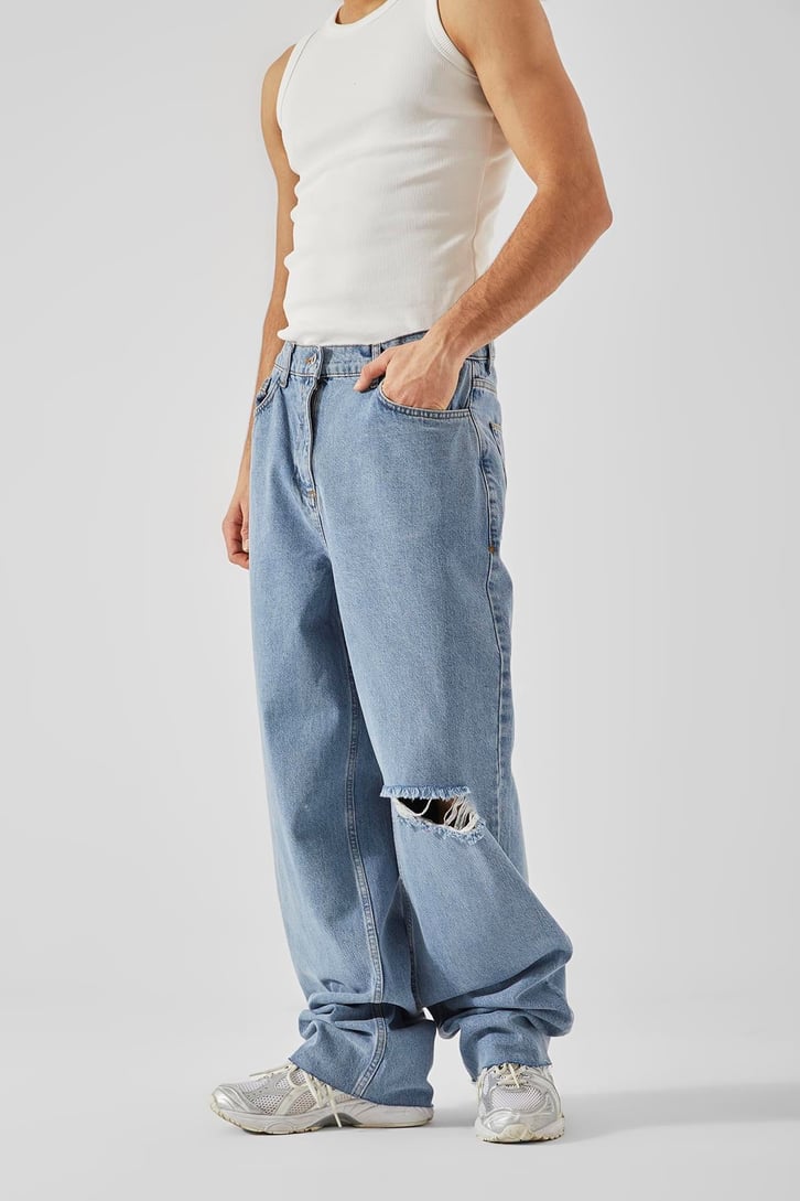 Diz Yırtmaçlı Buz Mavi Baggy Jean