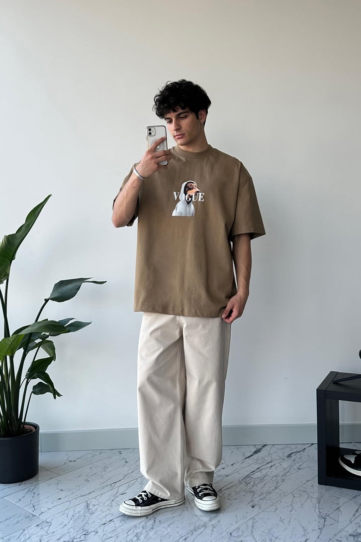 Dog Baskılı Camel Oversize Tişört