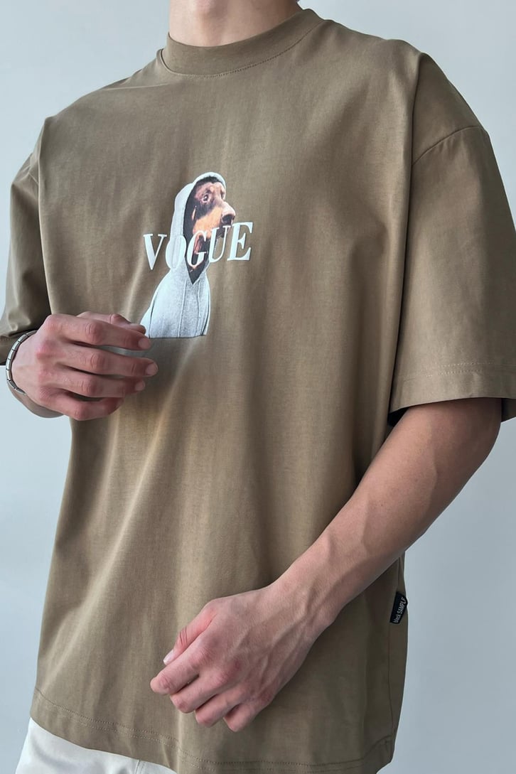 Dog Baskılı Camel Oversize Tişört