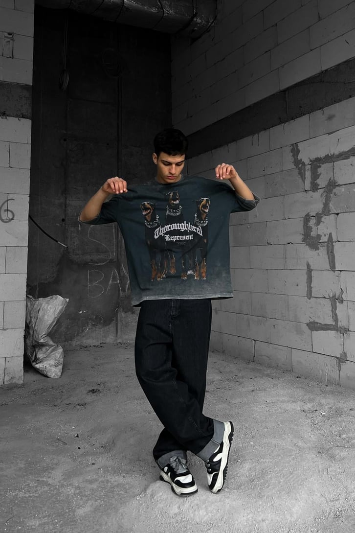 Dog Printed Acid Wash Oversize Tshirt