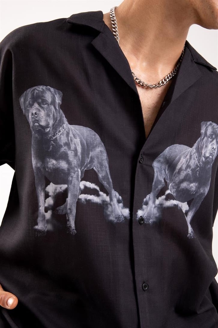 Dog Printed Siyah Kısa Kollu Gömlek