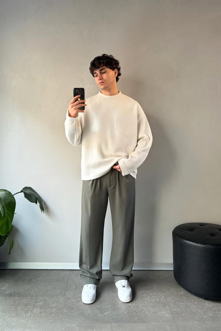 Dokulu Bisiklet Yaka Oversize Sweatshirt