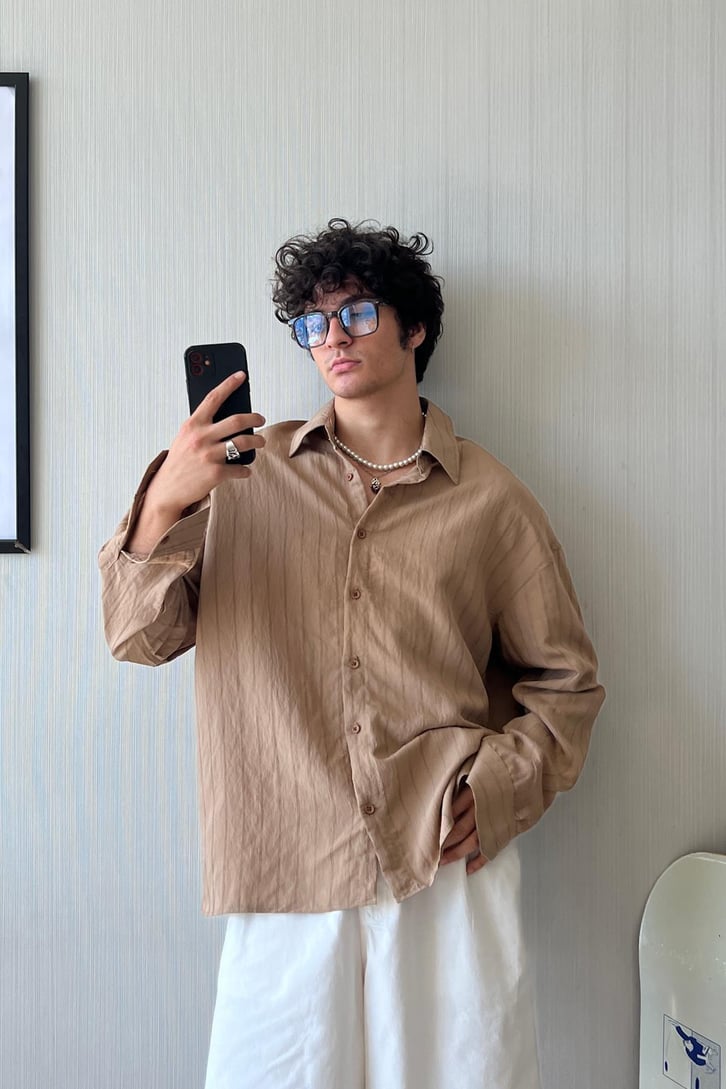 Dökümlü Çift Çizgili Uzun Kol Oversize Gömlek