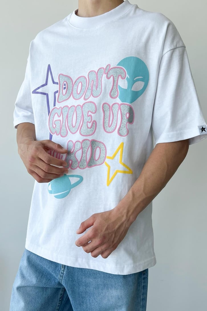 Dont Give Up Baskılı Beyaz Oversize Tişört