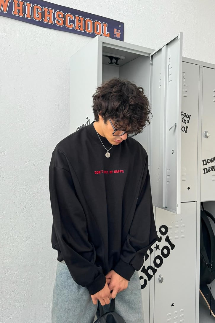 Don't Worry, Be Happy Nakışlı Oversize Sweatshirt