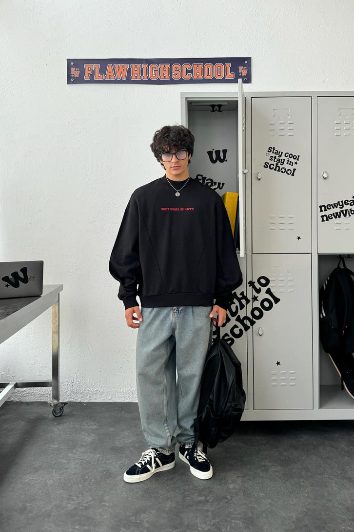 Don't Worry, Be Happy Nakışlı Oversize Sweatshirt