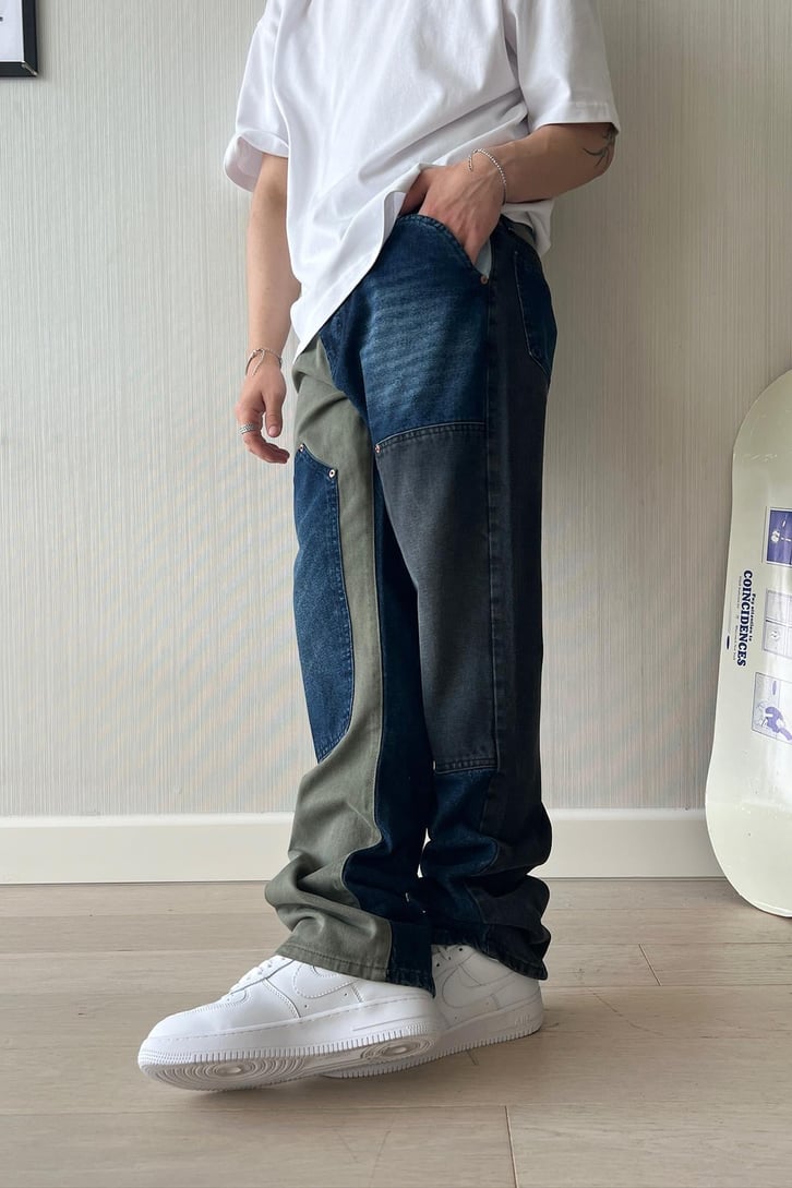 Double Color Patch Koyu Mavi Jean