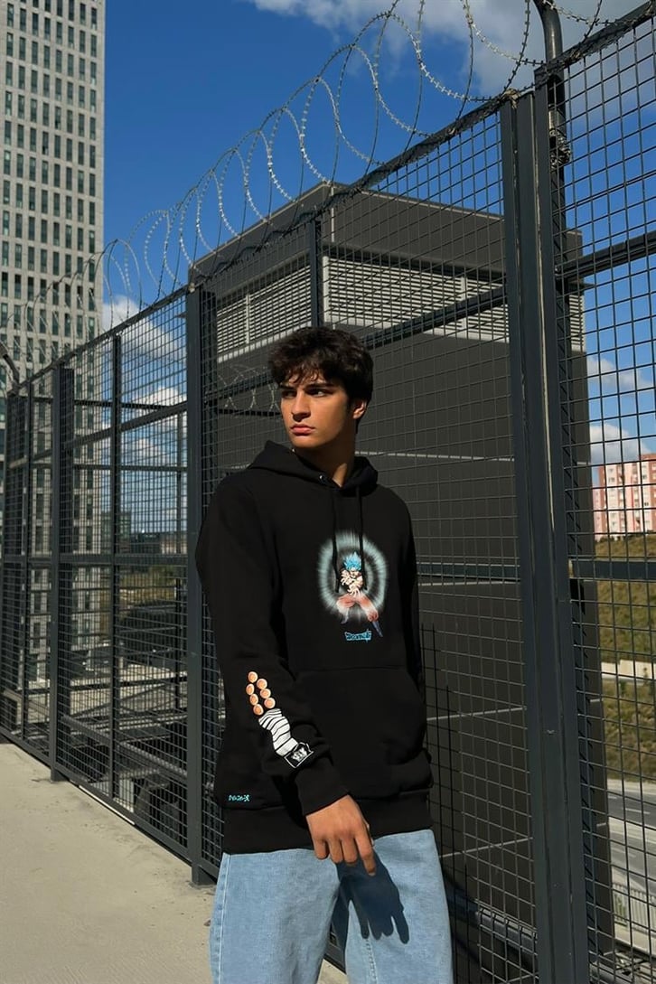 Dragon B. Super Baskılı Siyah İçi Pamuklu Oversize Hoodie