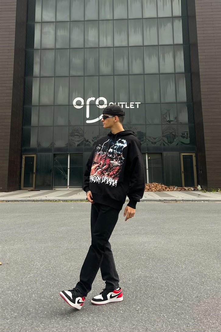 Dragon Baskılı Siyah İçi Pamuklu Oversize Hoodie
