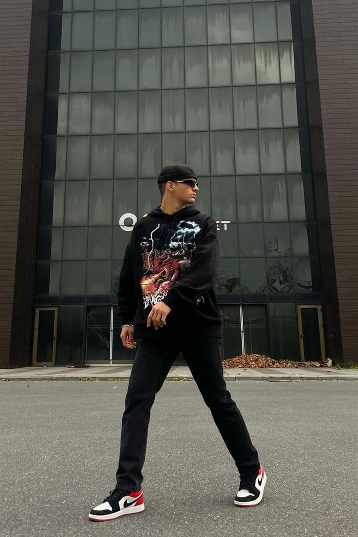 Dragon Baskılı Siyah İçi Pamuklu Oversize Hoodie